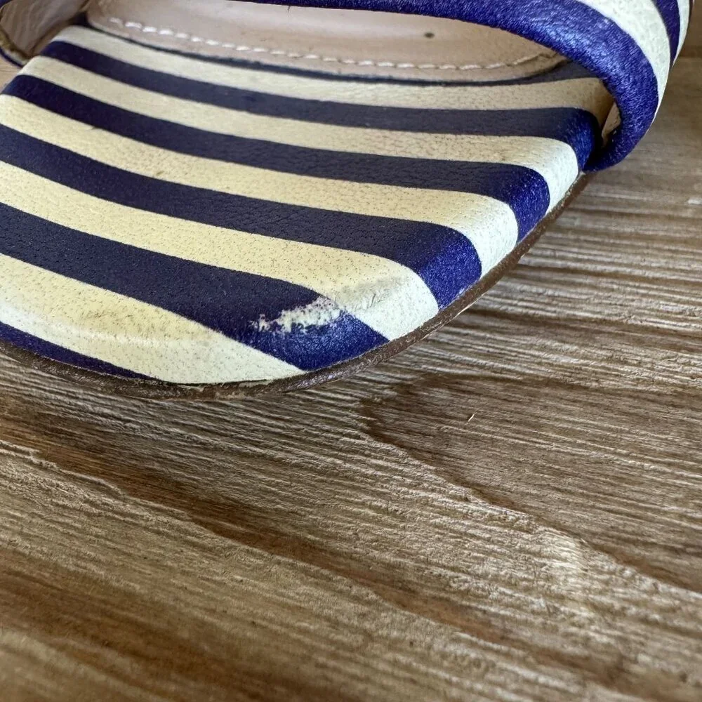 J. Crew Leather Light Cream Navy Stripe Ankle Strap Open Toe Block Heel Sandals